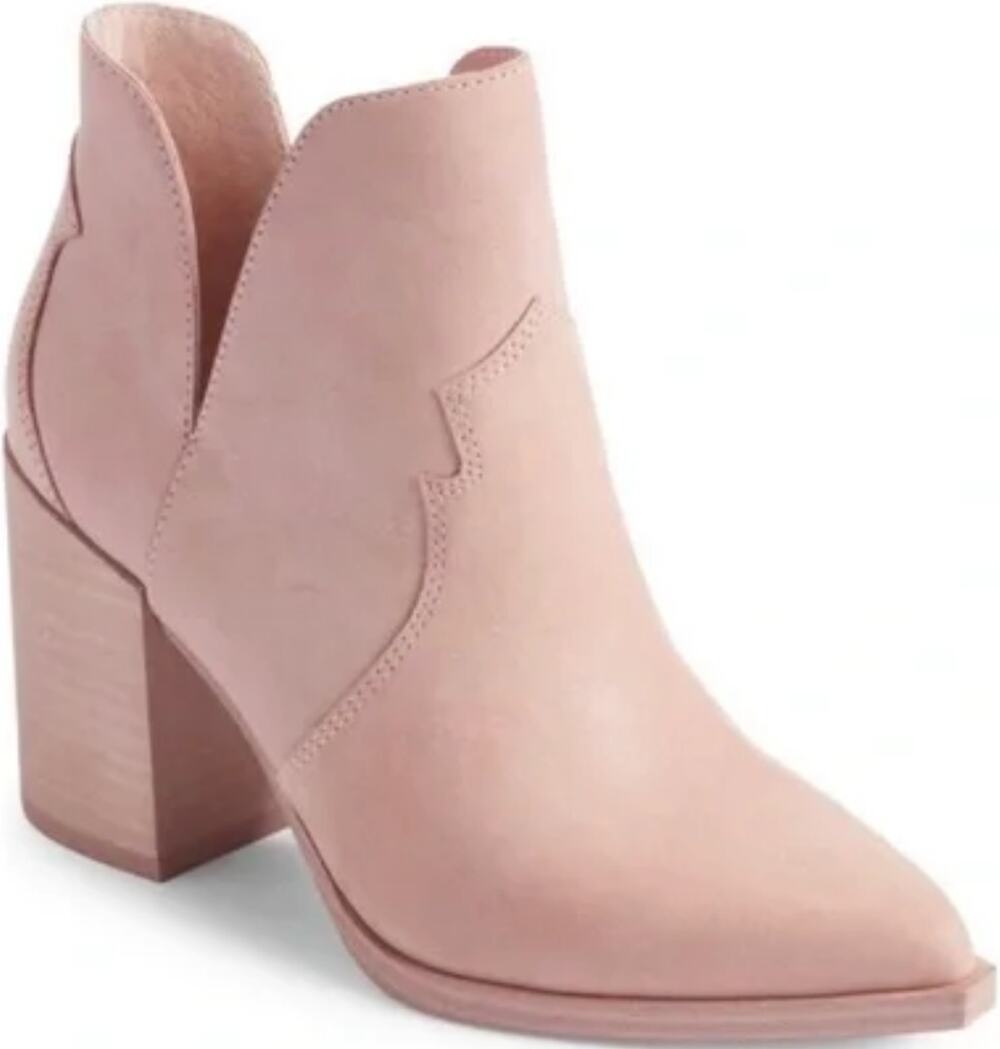Steve Madden Chaya Pointed Toe Bootie Leather Chunky Block Heel Cutout Pink 8.5